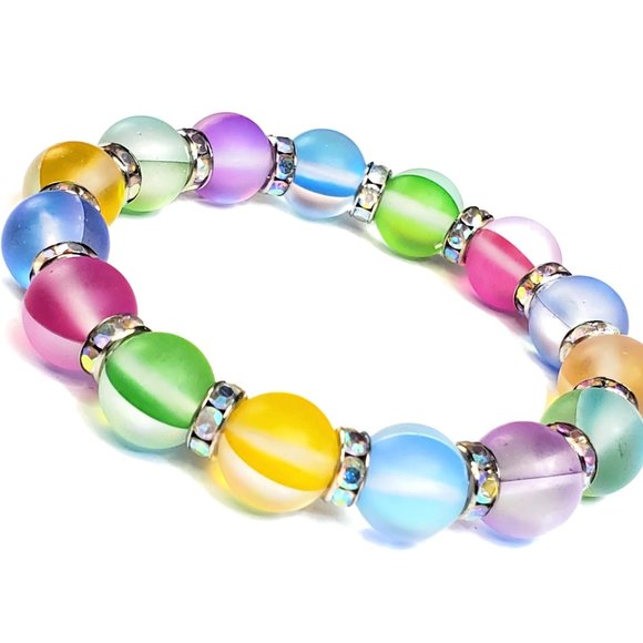 Multi Color Mat Glass Mermaid Beaded Stretch Bracelet - Picture 9 of 10